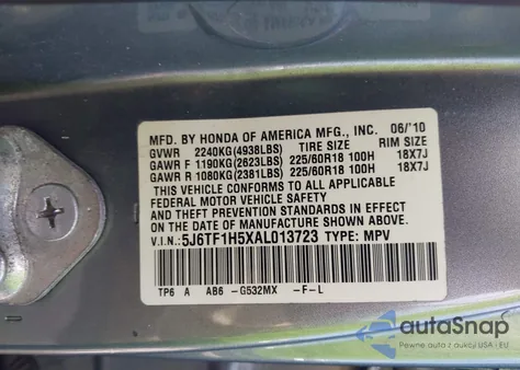 2010 Honda Accord Crosstour Ex-L from USA, damaged, VIN 5J6TF1H5XAL013723